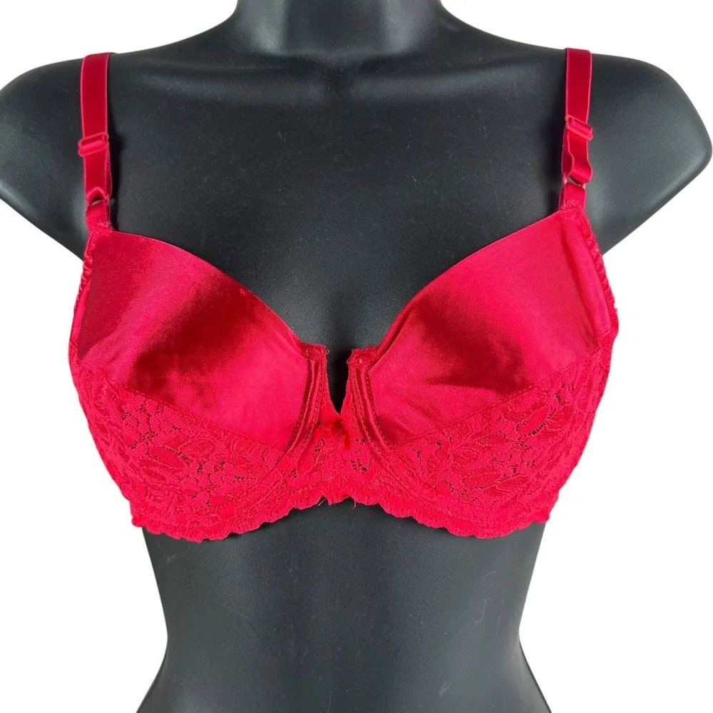 Vintage Maidenform Rendezvous Bra 34C‎ Red Satin Second Skin Lace Underwire New